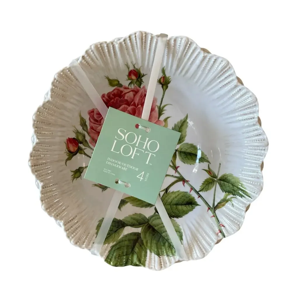 Soho Loft Spring Floral Melamine Bowls 7.5in Shabby Chic Set of 4 NEW